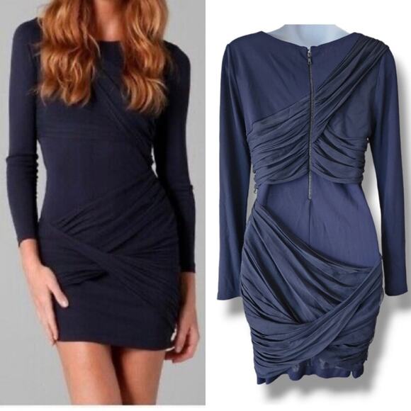 Alice + Olivia Navy Blue Long Sleeve Draped Overlay Goddess Silk Dress Size 10 - Picture 1 of 9
